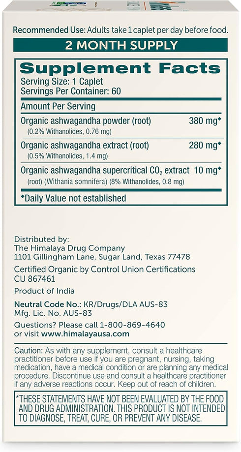 Himalaya Organic Ashwagandha, 60 Day Supply, Herbal Supplement for Stress Relief, Energy Support, Occasional Sleeplessness, Organic, Non-GMO, Vega...