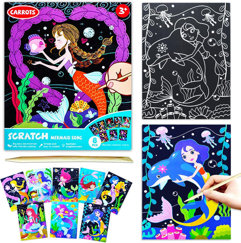 BAOXUE Scratch Art for Kids, Mermaids Black Rainbow Scratch Paper Set-Arts and Crafts & Supplies, DIY Activity & Party Games, Mermaid Toys Gifts f...