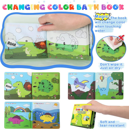 Light Up Bath Toys for Toddlers Kids Baby Boys, No Hole Dinosaur Bath Toys with Bath Book & Organizer, Led Light Bath Time Water Toys for Bath Tub...