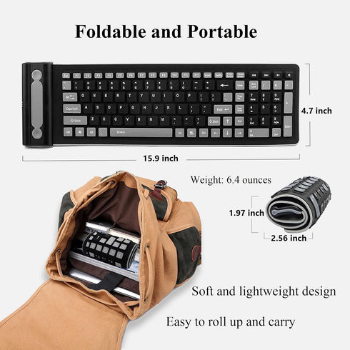 Wireless Silicone Keyboard, Portable Foldable Roll Up Soft Rubber Keyboard, Perfect for PC, Laptop and Travel (Black and Gray)...
