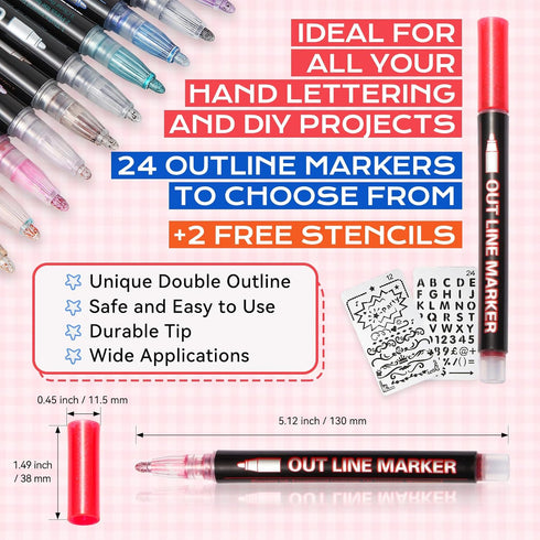 Jim&Gloria Girls Gifts Outline Markers - Birthday Teen Trendy Stuff, Double Line Silver Metallic Glitter Paint Pens Set + Stencils, DIY Crafts Scr...