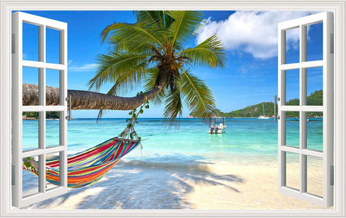 Beach Seascape Window Wall Sticker Palm Tree and Hammock Fake Window Wall Decals Removable Tropical Sea Window View Wall Stickers Decal for Living...