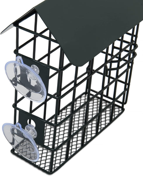 Window Suet Bird Feeder - Single Suet Cake Holder with Roof - Outside Decor - Attract Wild Birds, Woodpeckers - Complete with Hanging Chain...
