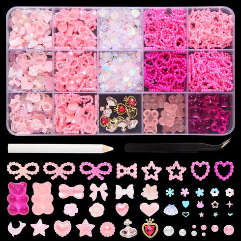 3D Pink Bow Nail Art Charms, 3D Assorted Bowknot Nail Charms Pearls Gems Cute Star Heart Butterfly Bow Planet Bear Nail Decoration with Pickup Too...