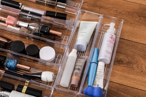 Backerysupply Clear Plastic Drawer Organizer Tray for Vanity Cabinet (12”×3”×2”?Set of 8),Storage Tray for Makeup, Kitchen Utensils, Jewelries, an...