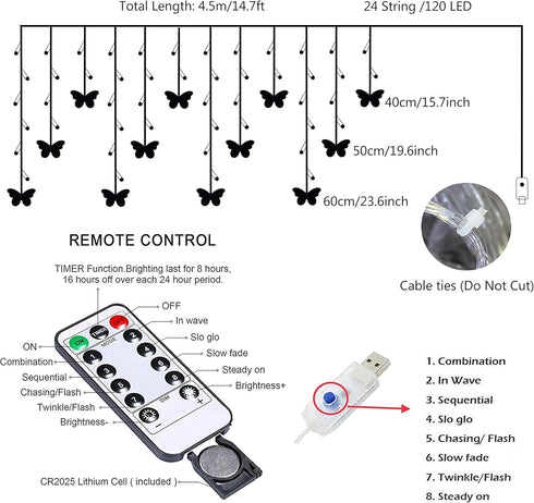 Butterfly Curtain Fairy String Lights, 120LED 8 Modes USB Powered Timer Firefly Twinkle Light with Romote, 14.7FT Copper Wire Hanging Decoration f...
