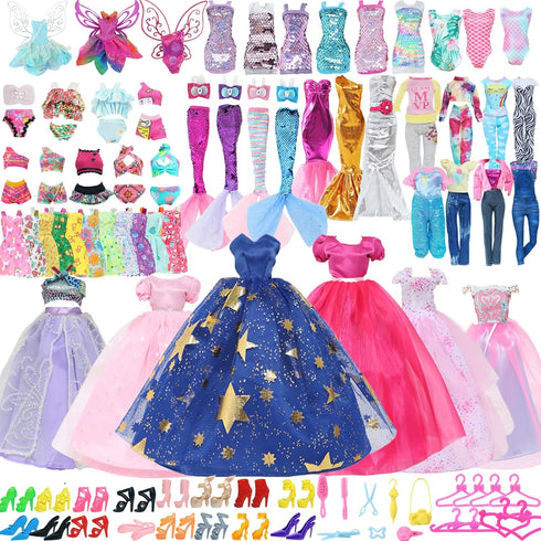 60pcs Doll Clothes and Accessories Fashion Dress Wedding Gowns, Daily Tops Pants Outfits Jumpsuit Swimsuits Bikini, 10 Mini Dresses Skirts, Shoes ...