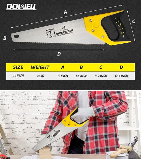 DOWELL 14 in Hand Saw - 11 TPI Fine Cuts Wood Saw Perfect for Sawing, Trimming, Gardening, Cutting Wood, Drywall, Plastic Pipes, Sharp Blade - Cro...