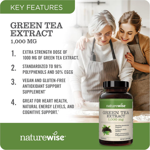 NatureWise Green Tea Extract Capsules 1000 mg - 50% EGCG & 98% Polyphenols - Extra Strength Antioxidants for Heart Health and Energy - Vegan, Glut...