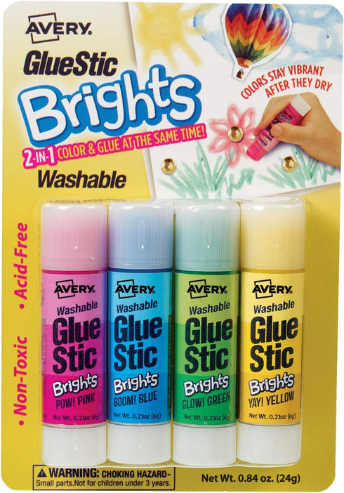 Avery Glue Stick Brights, Assorted, Pack of 4, Blue, Green, Pink, Yellow (00102)...