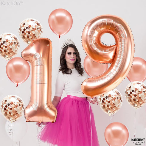 KatchOn, Giant Rose Gold 19 Balloon Number - 40 Inch | 19 Birthday Balloons With Confetti Balloons | Happy 19th Birthday Decorations, 19th Birthda...