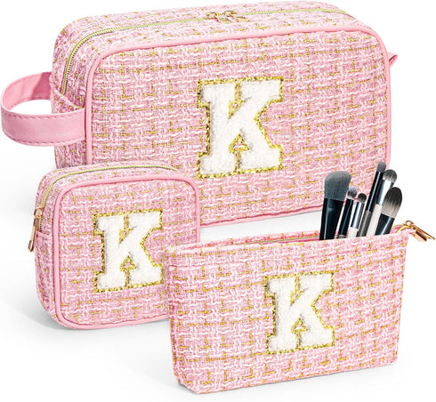 Initial Makeup Bag 3 Pieces Cute Make up Pouch Set -Pink Portable Makeup Brush Bag Travel Cosmetic Bag Multifunction Organizer Bag Monogram Person...