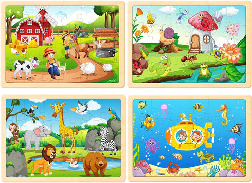 Wooden Puzzles Toys for Kids Ages 4-6 3-5, Set of 4 Packs with 24-Piece, Farm, Zoo, Insects, Sea Animals Wood Jigsaw Puzzles, Preschool Educationa...