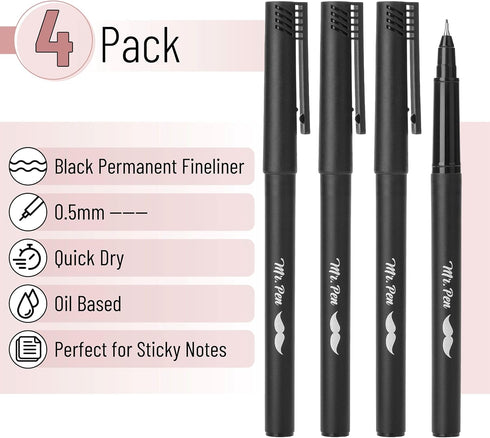 Mr. Pen- Black Fineliner Pens, 4 Pack, 0.5mm Fine Point Pens,Marker Pen for Transparent Sticky Notes, Fine Tip Markers, Fine Line Markers, Drawing...