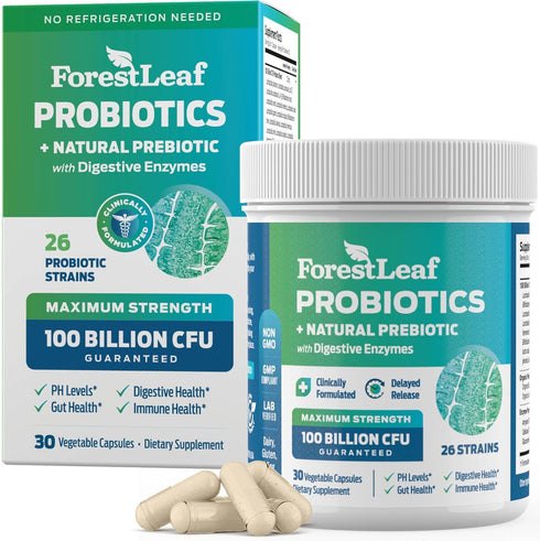 ForestLeaf Clinically Studied Probiotics 100 Billion CFU, 26 Strains with Organic Prebiotic Blend & Digestive Enzymes - Probiotic Prebiotic for Me...