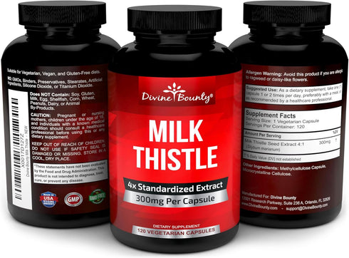 Divine Bounty Pure Milk Thistle Capsules Supplement - A Potent 1200mg Milk Thistle Supplement with 4X Concentrated Extract (Standardized) 120 Vege...