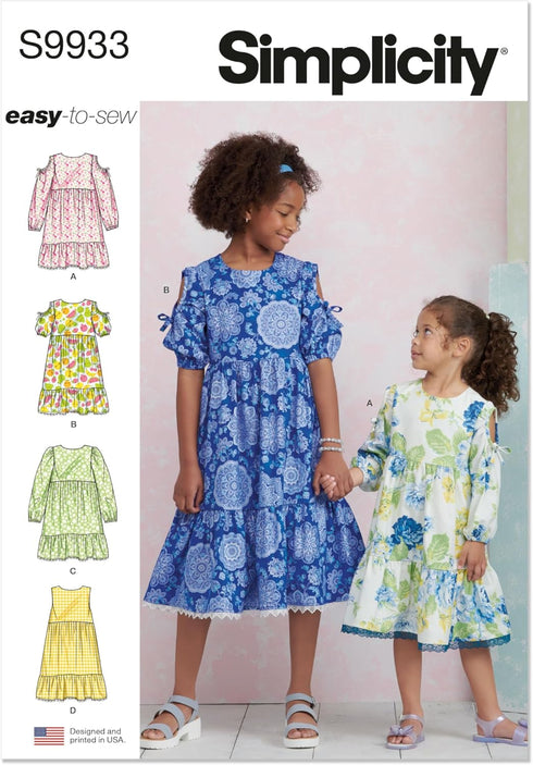 Simplicity Easy to Make Children's and Girls' Relaxed Fit Tiered Dress Sewing Pattern Packet, Design Code S9933, Sizes 7-8-10-12-14, Multicolor...