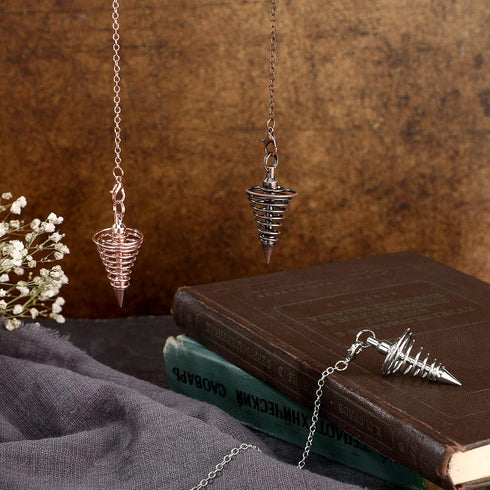 3 Pieces Copper Metal Dowsing Pendulum Divination Dower Reiki Healing Pendulum Chain,Silver Spiral Coil Point Meditation Yoga Balancing Pendant...