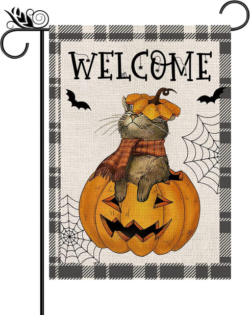 Halloween Garden Flag Cat Pumpkin Head Bat Buffalo Plaid Vertical Double Sided Flag Halloween Holiday Farmhouse Yard Lawn Outdoor Party Decor 12.5...