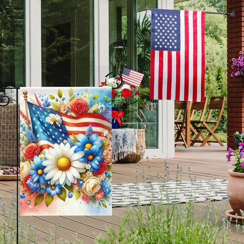 Patriotic Floral Garden Flag Double Sided, Red White and Blue Burlap Yard Flag, Small 4th of July Outdoor Decor 12.5x18"...