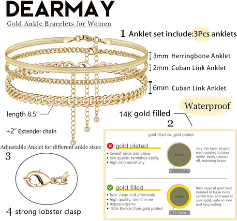 DEARMAY Gold Ankle Bracelets for Women Waterproof 3Pcs 14K Gold Plated Anklets Layered Cuban Link Chain Herringbone Dainty Cute Anklets Set Pack S...