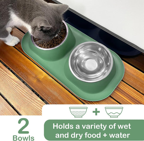 Ptlom Dog Cat Basic Food and Water Bowl Set, 2 Removable Stainless Steel Feeding Bowls with Non-Slip Leak-Proof Plastic Stand Suitable for Small a...