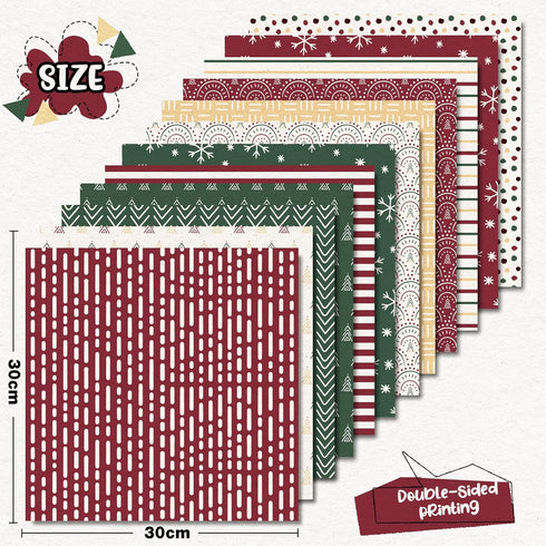 Whaline 24Pcs Boho Christmas Pattern Paper Red Green Scrapbook Specialty Paper Christmas Tree Snowflake Double Sided Craft Paper For DIY Card Maki...