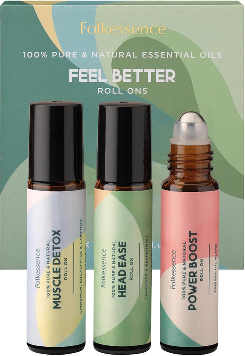 Folkulture Essential Oil Roller Set of 3 Natural Essential Oil Roll On Blends for Skin, Massage, Relaxation Fragrance Roll On Oil, Lavender, Peppe...