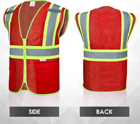 High Visibility Reflective Safety Vest with Zipper and Pockets Red,XXL...