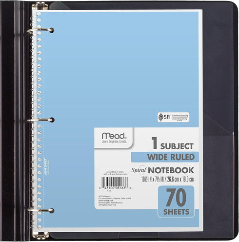 Mead Spiral Notebooks, 6 Pack, 1-Subject, Wide Ruled Paper, 8" x 10-1/2", 70 Sheets, Assorted Pastel Colors (930050-ECM)...