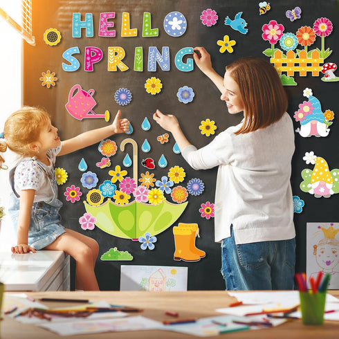 Konsait Spring Bulletin Board Decorations, 68Pcs Spring Bulletin Board Set, Big Umbrella Flowers Waterdrop Spring Cutouts for Home Office Classroo...