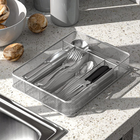 TQVAI Silverware Organizer - 5 Slots Non-Slip Mesh Kitchen Drawer Organizer - Metal Compact Utensil Cutlery Holder in Drawer Tray, Silver...