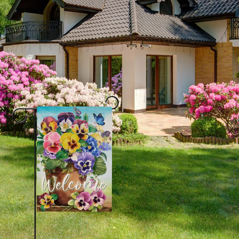 Welcome Spring Pansy Floral Garden Flag Double Sided, Flower Pot Arrangement Decorative House Yard Lawn Outdoor Small Decor, Summer Holiday Butter...