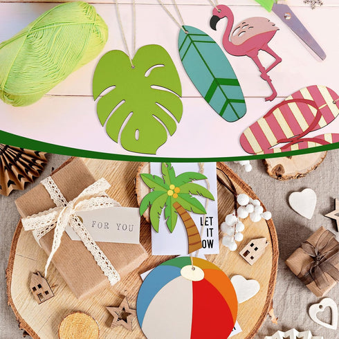 Simgoing 36 Pcs Unfinished Wood Summer Cutouts Hawaiian Wood DIY Paint Crafts Tropical Beach Ball Palm Tree Flip Flop Shaped Hanging Ornaments wit...