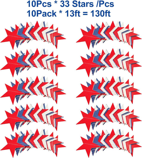 10 Pack 4th of July Decorations Red White and Blue Decorations - 130Ft/330 4th of july garland Patriotic Star Streamers Banner Garland Hanging Ind...