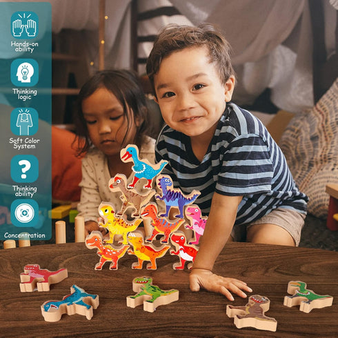 14-Piece 3-Inch Wooden Dinosaur Stacking Toys for Kids 3-7, STEM Educational Party Favors...