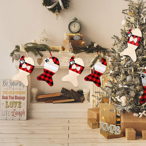 Skylety 2 Pieces Pet Christmas Stockings Buffalo Plaid Burlap 15 Inch Large Fish Shaped Bow Cat Christmas Stockings for Xmas Tree Home Holiday Par...