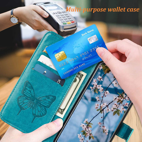 for Moto G Power 2021 Phone Case Wallet, Butterfly Floral Embossed, Wrist Strap, Card Holder Slots, Stand Leather Protective Flip Cover (Blue)...