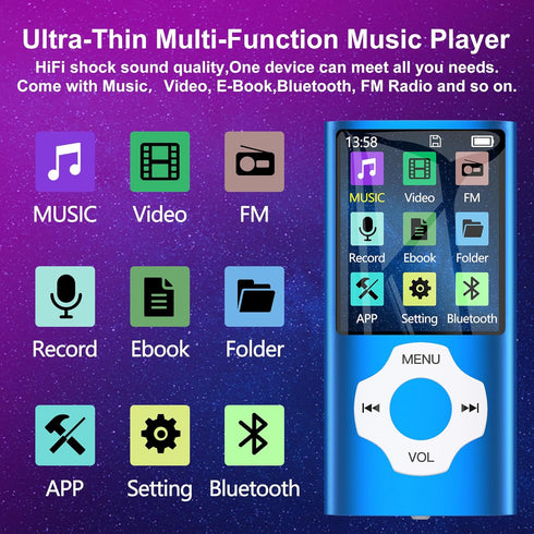 MYMAHDI 64GB MP3 Player with Bluetooth 5.2, LCD Screen Music Player Up to 128GB,MP3 Player for Kids with Music,Video,Voice Record,FM Radio,E-Book ...