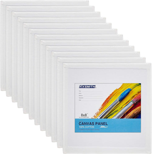 FIXSMITH Canvas Boards for Painting 8x8 Inch, Super Value 12 Pack White Blank Canvas Panels, 100% Cotton Primed, Painting Art Supplies for Profess...