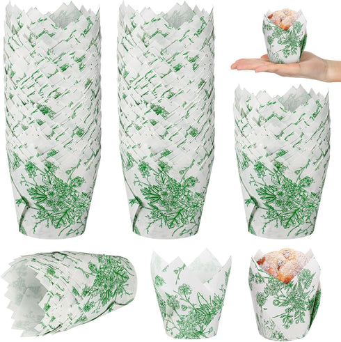 Gerrii 200 Pcs Green Flower Tulip Cupcake Liners Paper Baking Cups Cupcake Wrappers Tea Parties Mini Muffin Case Trays for Wedding Bridal Party Ba...