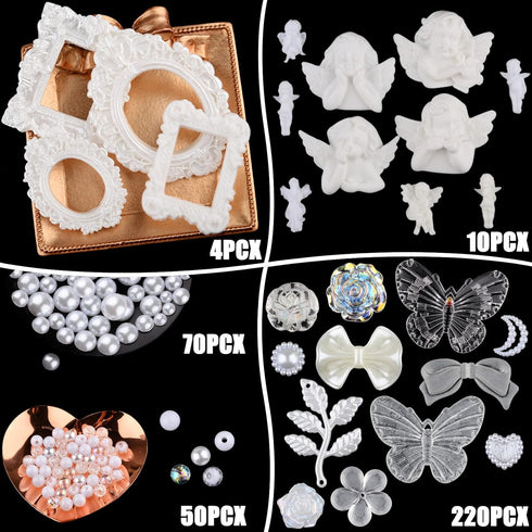 kikonoke 350 Pieces 3D Resin Rose Flower Bows Butterfly Embellishments Angel Charms Picture Frame with Flatback Pearl Beads for Craft DIY Making S...