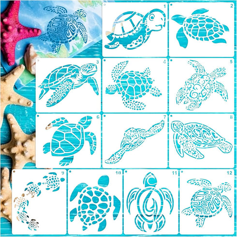 12 Pcs Sea Turtle Stencils, Ocean Creatures Animals Stencils Beach Template Stencils for Painting on Wood Wall Canvas Fabric Furniture Rocks Glass...