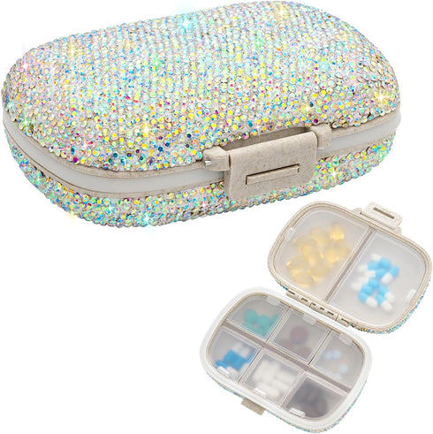 Soleebee Portable 8 Compartments Daily Pill Organizer, Bling Crystal Diamond Pill Box, Small Travel Pill Case, Pill Dispenser, Medicine Container ...