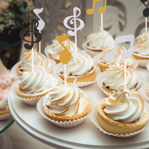 72 Pieces Glitter Music Notes Cupcake Toppers Cake Toppers Picks for Food Fruit and Birthday Party Decoration (Gold, Black, Silver)...