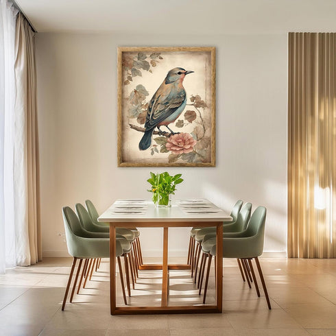 Posterizer 1 pcs- Green bird standing on a tree with wild pink flowers-Art for Animal Lovers-Floral Botanical Art-Gift for Men Women -Decor for Be...