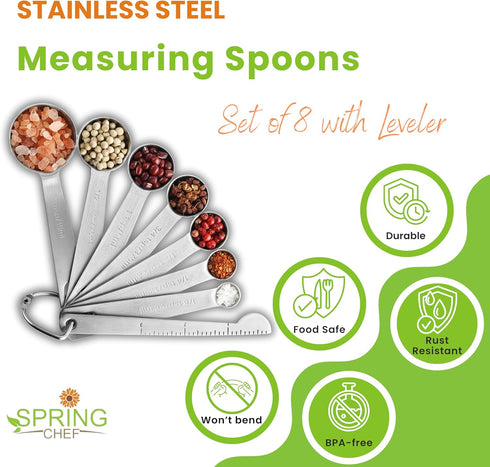 Spring Chef Stainless Steel Measuring Spoons Set of 8 with Leveler, Round Metal Teaspoon & Tablespoon Measuring Spoons - Nesting Kitchen Gadgets F...