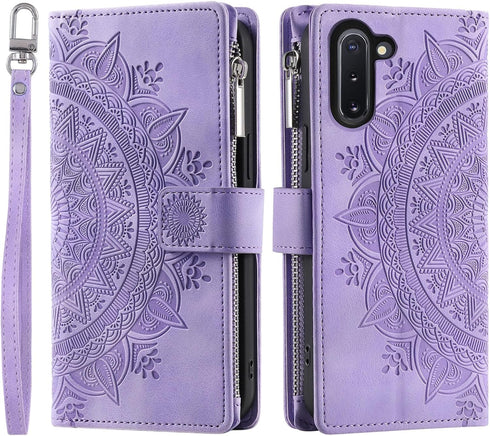 Asuwish Phone Case for Samsung Galaxy Note 10 5G Wallet Cover with Tempered Glass Screen Protector Wrist Strap Mandala Flower Flip Zipper Card Hol...