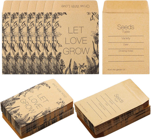 Teling 100 Pcs Let Love Grow Packets Unfilled Kraft Wedding Favors Packets Self Adhesive Rustic Seed Envelopes Small Storage Packets Retro Party F...