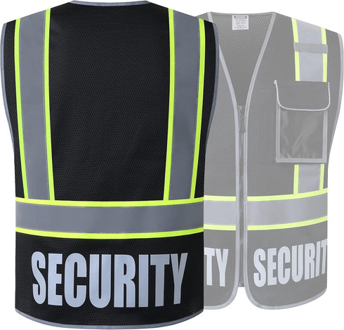 Retro-Reflection Security Safety Vests Heavy Duty Black Mesh with 5 Pockets and Front Zipper Meet ANSI/ISEA 107-2015 (Black-22, Medium)...